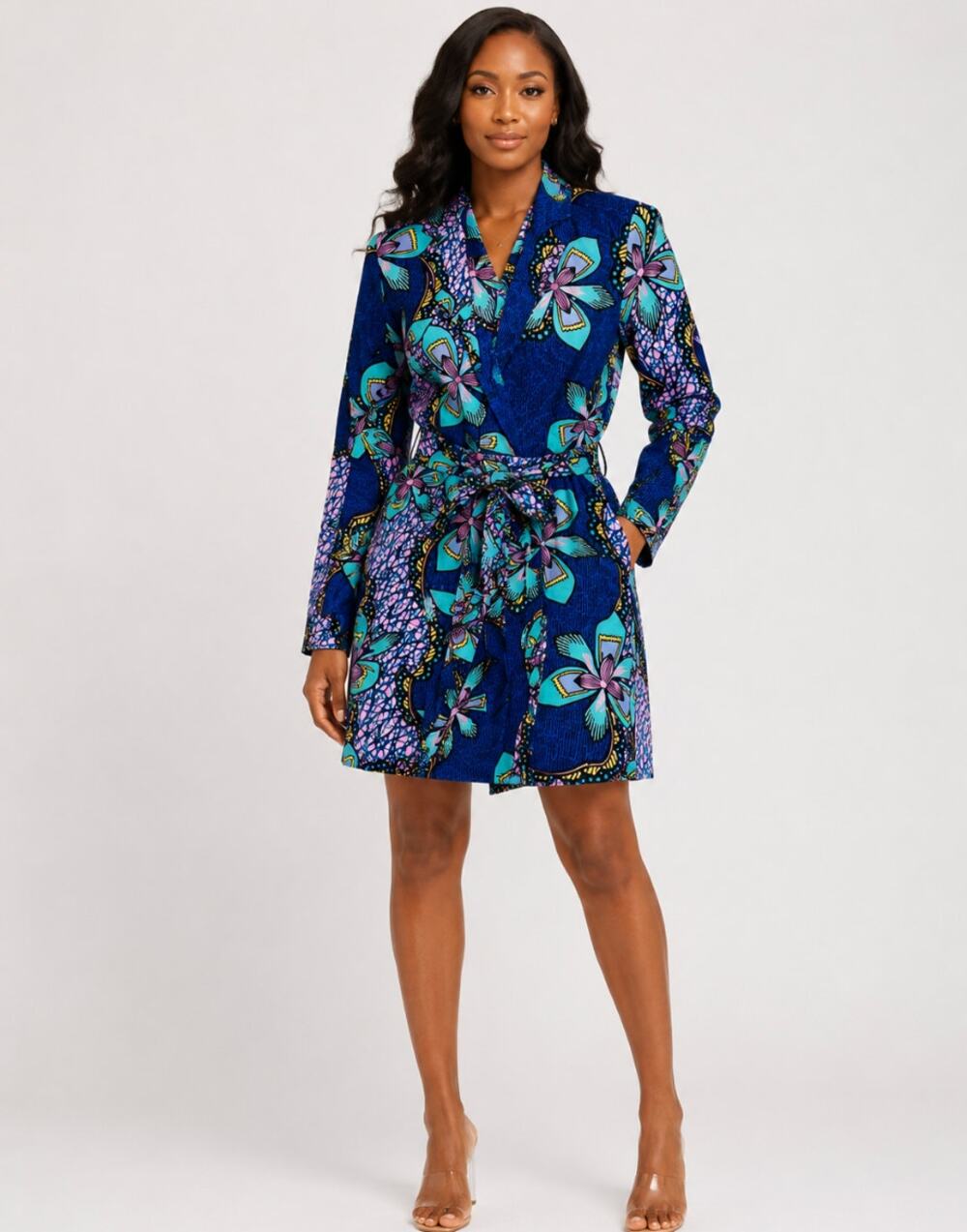D’Iyanu Ashafa African Print Jacket Dress Womens XS Blue Floral Belted Ankara
